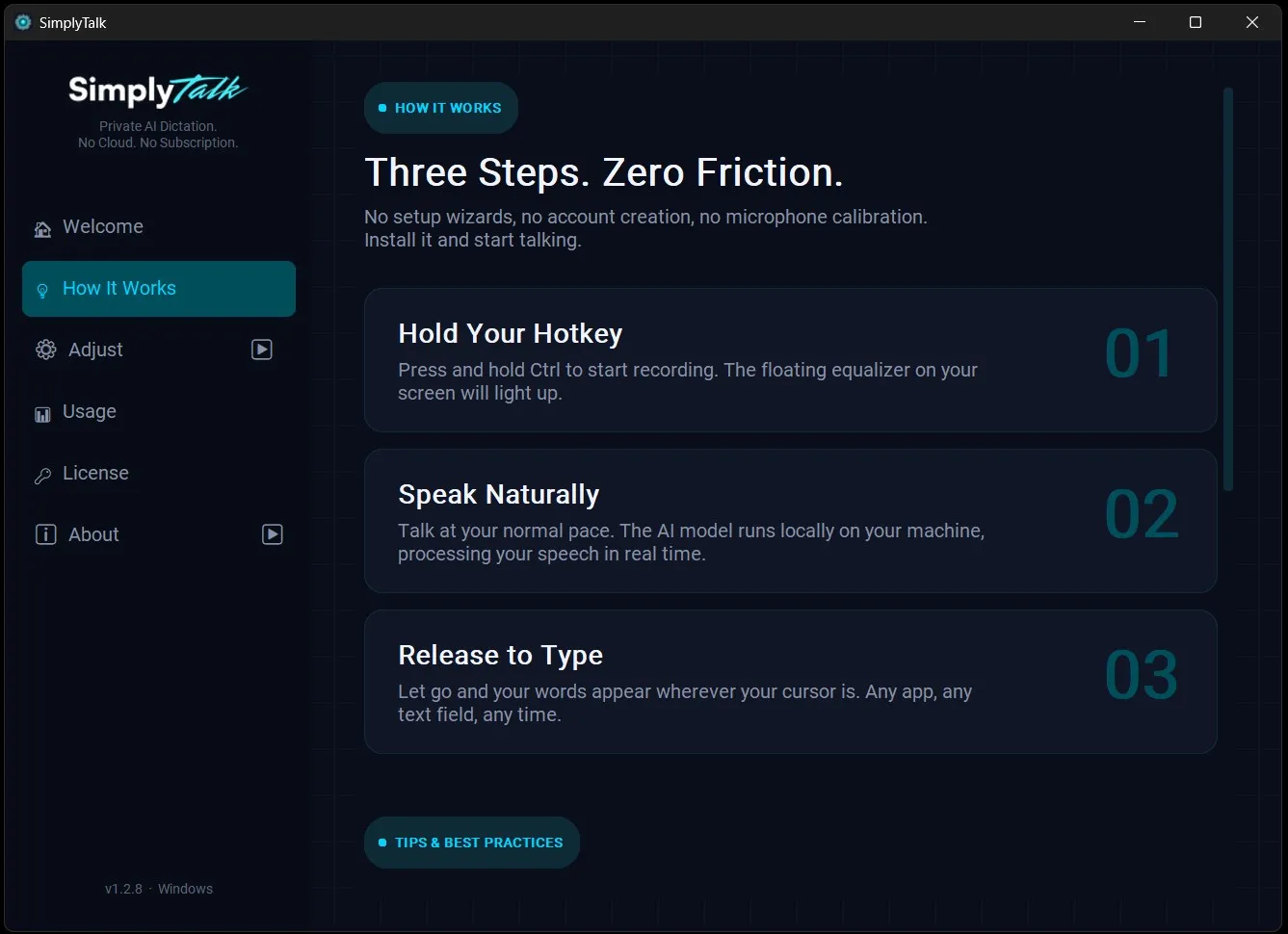 SimplyTalk three-step workflow: hold, speak, release